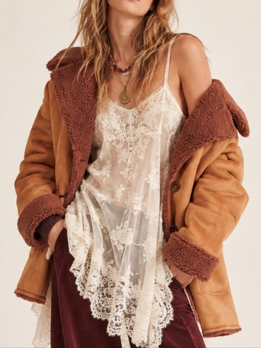 Free People Coat Diogo Faux Suede Sherpa Oversized Winter Coat